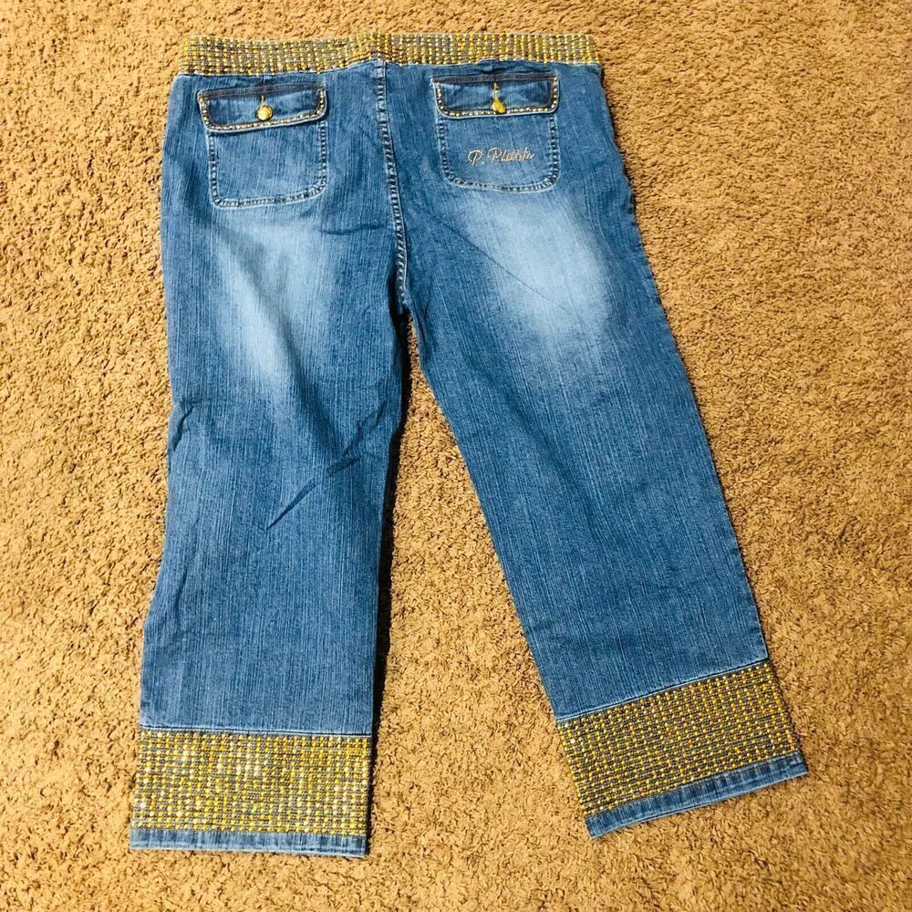 P. Plush Blue Denim Capri‎ Jeans Gold Rhinestone Embellished Cropped Pants US 23 - Picture 6 of 6